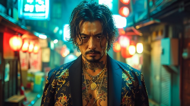 Photo a mature japanese gangster in traditional attire yakuza portrait