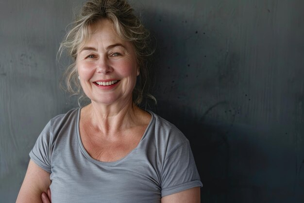 Photo mature joyful woman in gym attire