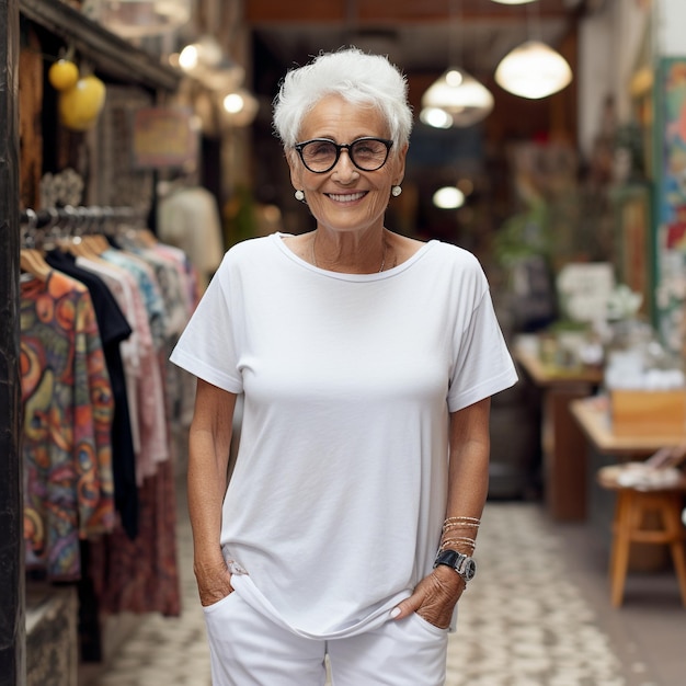 Mature lady in white t shirt