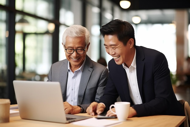 Mature Latin boss manager mentor helping Asian employee working on laptop in office Two happy professional coworkers discussing online plan at work Diverse business people using computer and talking