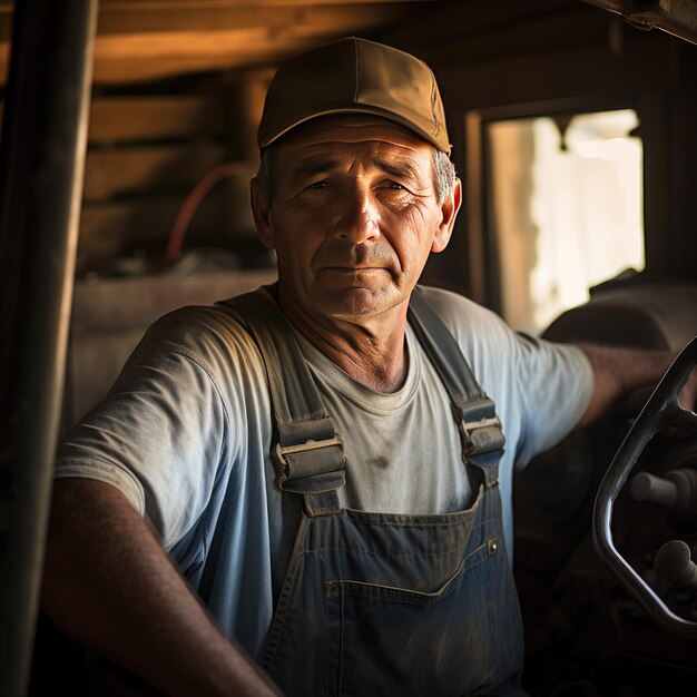 Mature male farmer sitting in a tractor cabin