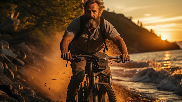 Mature male mountain bike rider on the beach at sunset Extreme sport concept