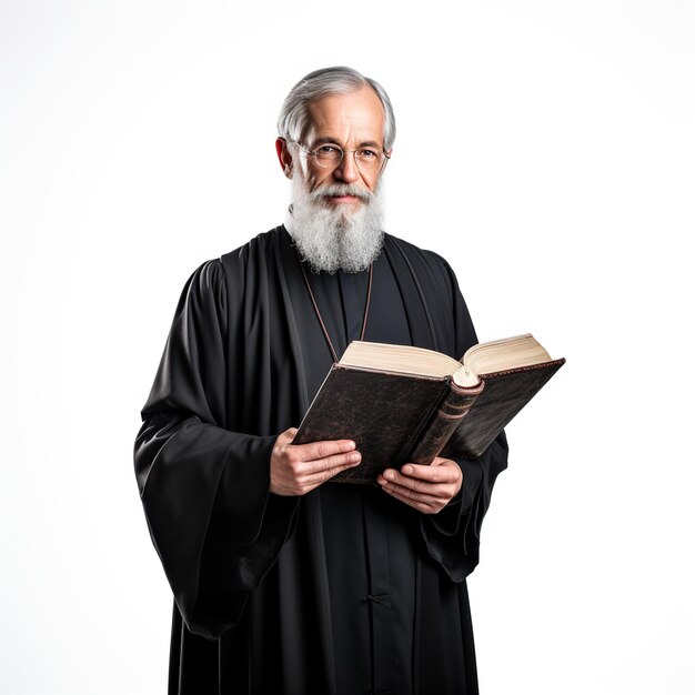 Mature male priest holding a bible on white background