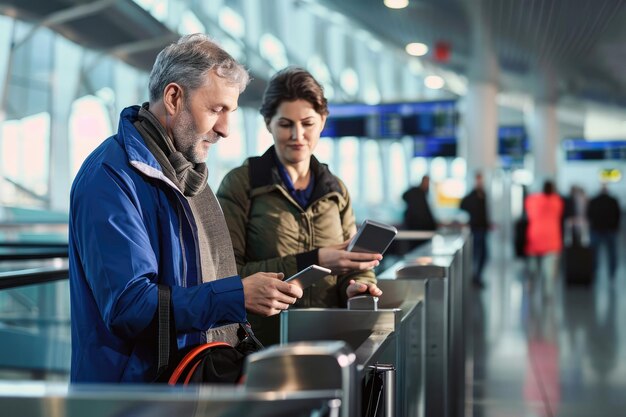 Photo mature man on board scanning her ticket on smartphone in airport