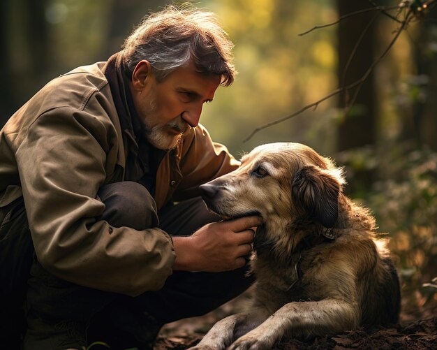 Mature man bonding with dog in a serene forest scene showing friendship and trust ideal for themes o