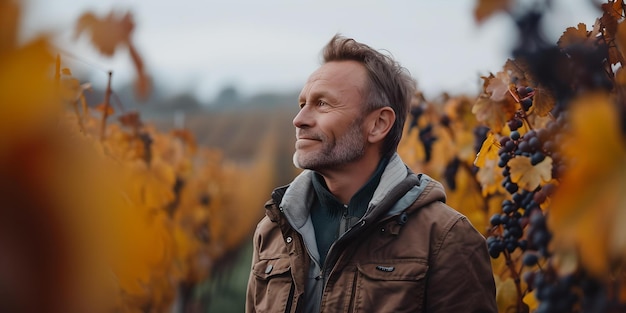 Mature man enjoying autumn in a vineyard casual style peaceful mood nature lover outdoor leisure activity in fall contentment and wellbeing ai