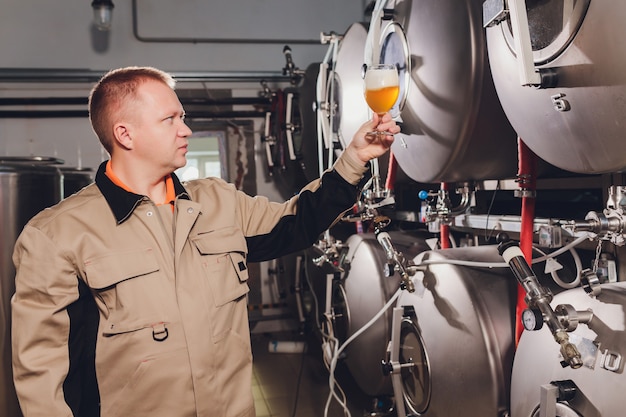 Mature man examining the quality of craft beer at brewery. Inspector working at alcohol manufacturing factory checking beer. Man in distillery checking quality control of draught beer.