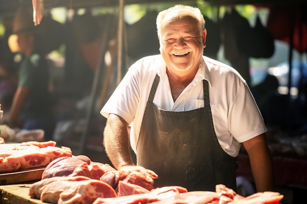 Mature man farmer at a meat counter at the market