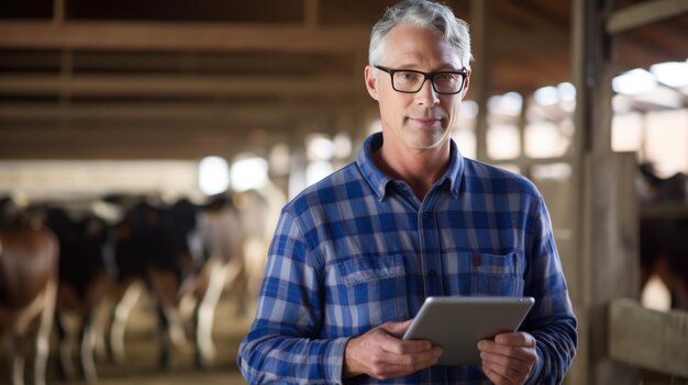 Mature man focusing on a tablet inside a barn with cows in the background depicting modern farming management