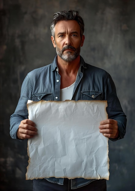 Mature man holding a blank poster perfect for ads ready for text or graphics casual urban style AI