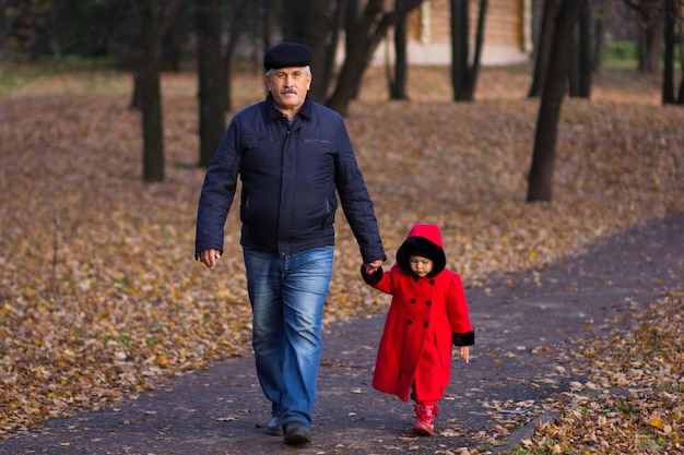 Mature man and little girl holding hands walkking in autumn park