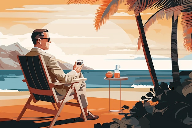 A mature man lounges in a beach chair sipping a beverage Generative Ai