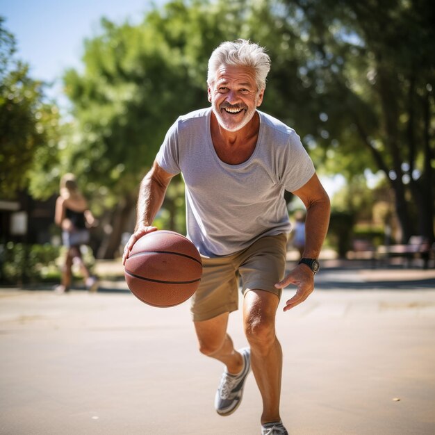 Зрелый мужчина с энтузиазмом играет в баскетбол