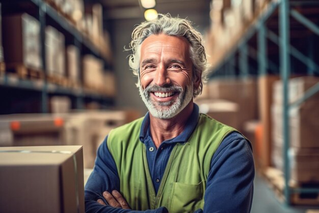 Foto un uomo maturo sorride mentre imballia scatole di cartone in un magazzino di distribuzione un lavoratore logistico felice che prepara la merce per la spedizione