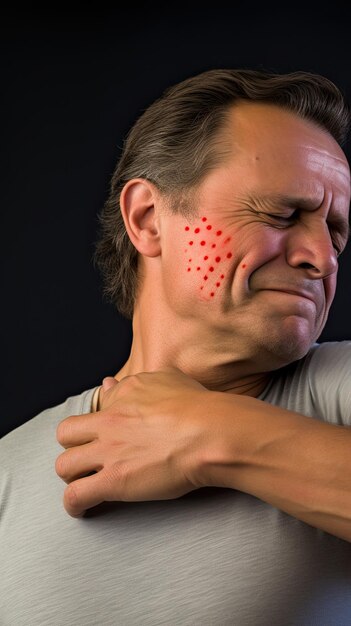 Photo mature man suffering from arthritis in the shoulder joint holding red spot