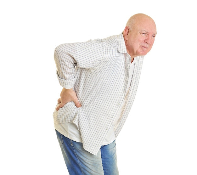 Photo mature man suffering from pain on white