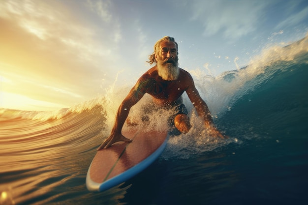 a mature man surfer in the water for sport fitness and surfing during summer Training workout and exercise with a male athlete on his surfboard in the ocean Surf Generaive Ai