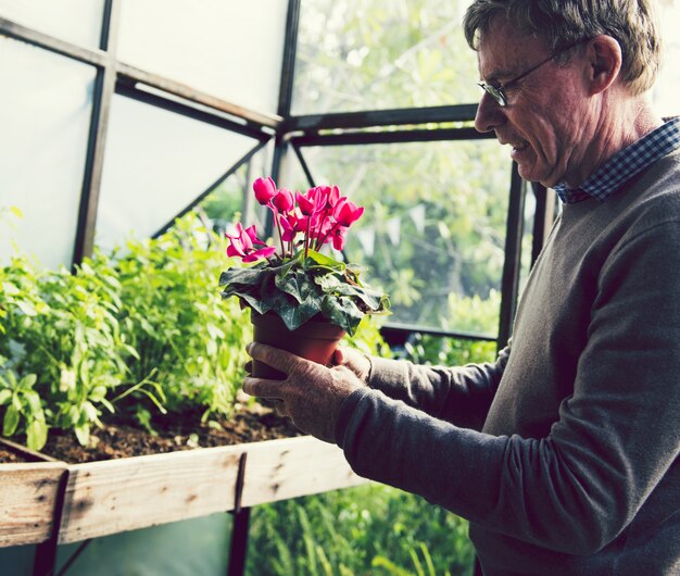 彼の花に傾向がある中年の男性