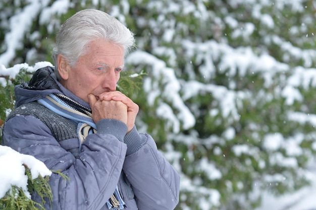 Mature man thinking about something, fir trees on background