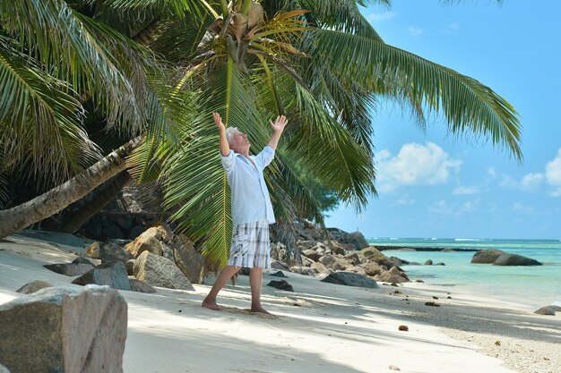 Mature man on tropical island, beautiful nature landscape