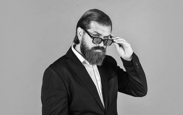 Mature man wear glasses confidence and charisma handsome man wear office suit male beauty and fashion brutal businessman with perfect beard and moustache real boss in jacket he got great style