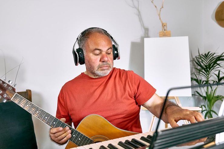 Photo mature man wearing headphones creating new song while playing acoustic guitar music hobby