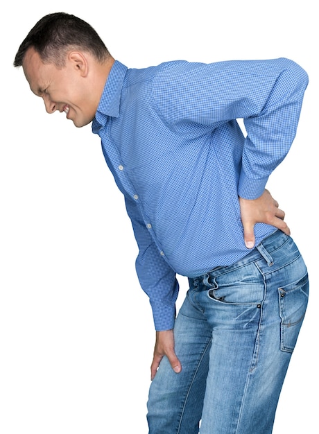 Mature man with backache isolated on white background