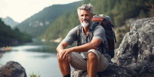 Зрелый мужчина с рюкзаком сидит на скале у реки, спускаясь с горы.