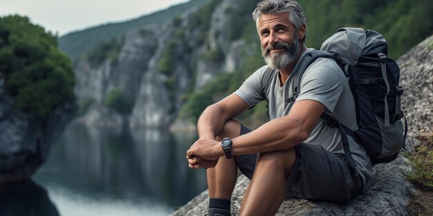 Mature man with backpack sitting on rock by river coming down from the mountain Generative AI