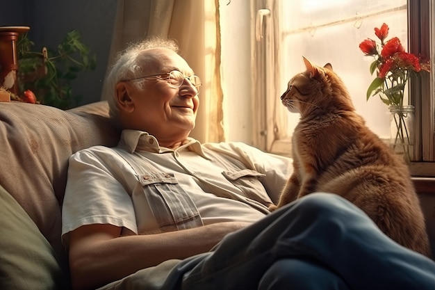 Mature man with his red cat at home