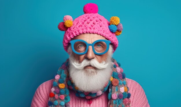 Mature man with a stylish grey beard wearing a trendy red santa hat and a yellow scarf exuding confidence and positivity in a modern december portrait