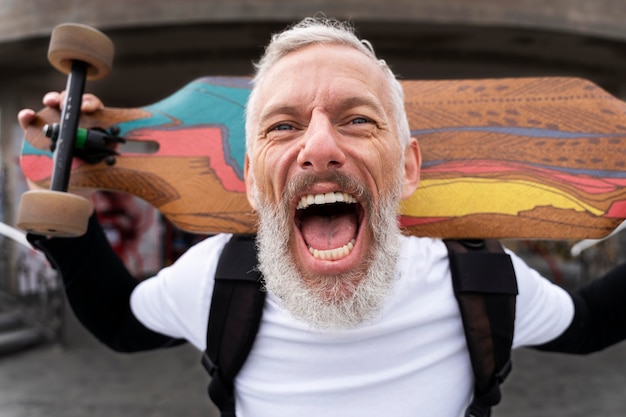 Photo mature man with sustainable mobility skateboard