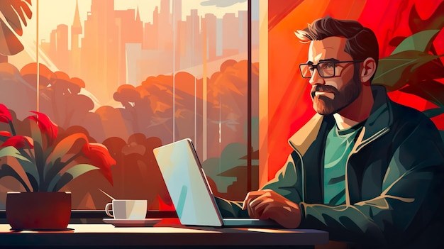 Mature man working with laptop Concept illustration for working studying education remote work