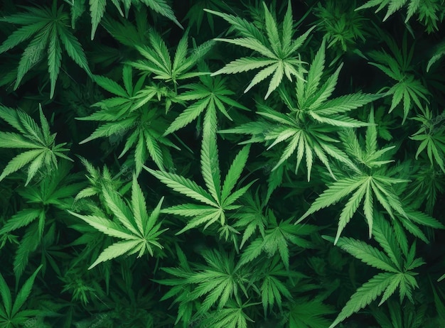 실내 대마초 농장에서 마리화나 식물의 새싹과 잎 질감을 가진 성숙한 마리화나 식물