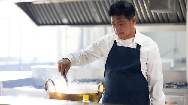 성숙한 마스터 셰프 요리 수업 초상화 시니어 아시아 태국 남성 전문 요리사 요리 식사 교실 요리 학교 요리 학교에서 요리 수업을