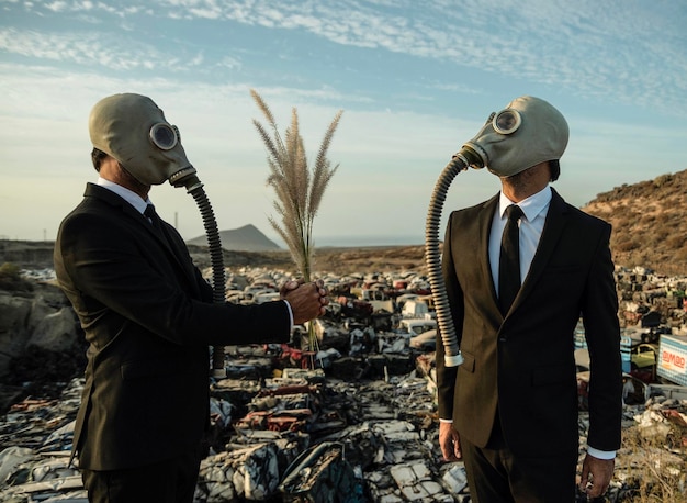 Photo mature men wearing gas mask standing outdoors