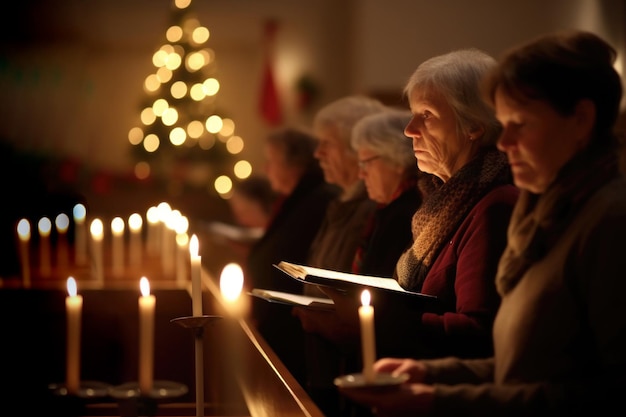 Photo mature men and women during traditional christmas service in church