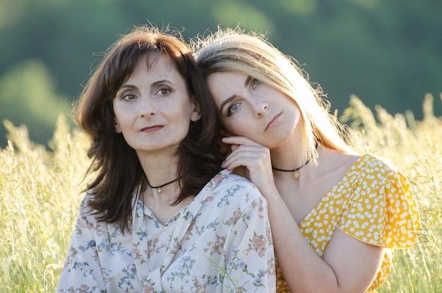 Mature mother with her middle age daughter spending time together outdoors summer time