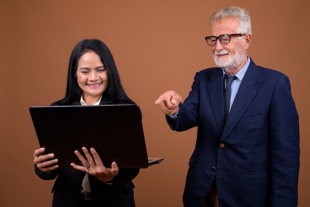 Mature multi-ethnic business couple on brown