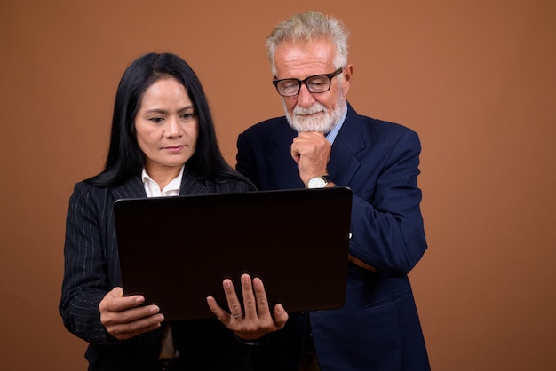 Mature multi-ethnic business couple on brown