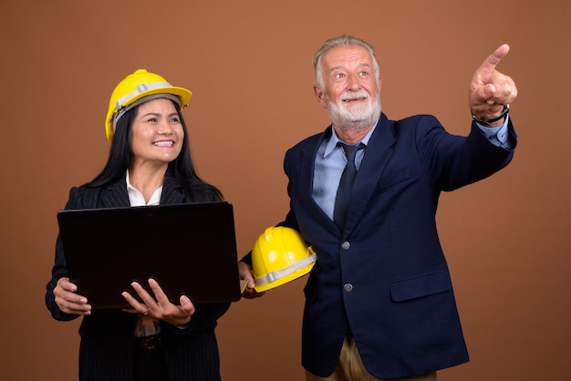 Mature multi-ethnic business couple on brown