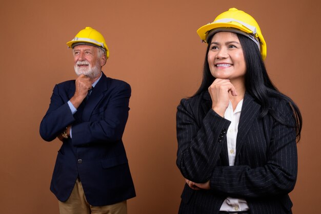 Mature multi-ethnic business couple on brown