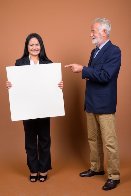 Mature multi-ethnic business couple on brown