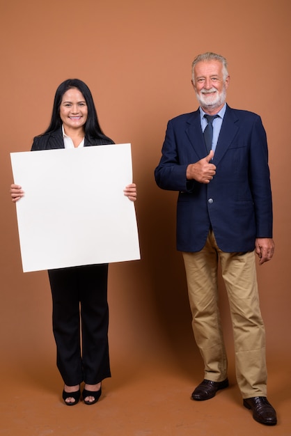 Mature multi-ethnic business couple on brown