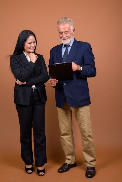 Mature multi-ethnic business couple on brown