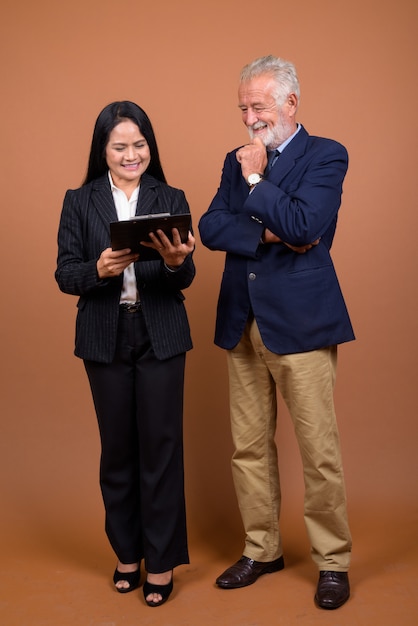 Mature multi-ethnic business couple on brown