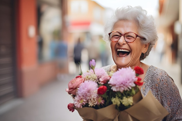 Mature old woman laughing hysterically after receiving a gift of flowers