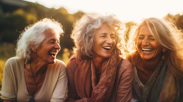 mature old women friends standing in the garden