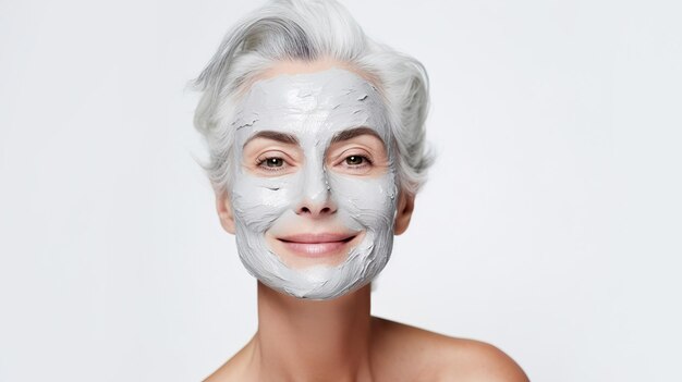 Foto donna positiva matura con i capelli grigi con una maschera cosmetica sul viso su uno sfondo chiaro