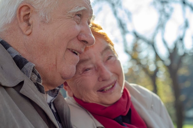 Mature senior couple sitting in the autumn park talk joke remember youth and looking up Copy space